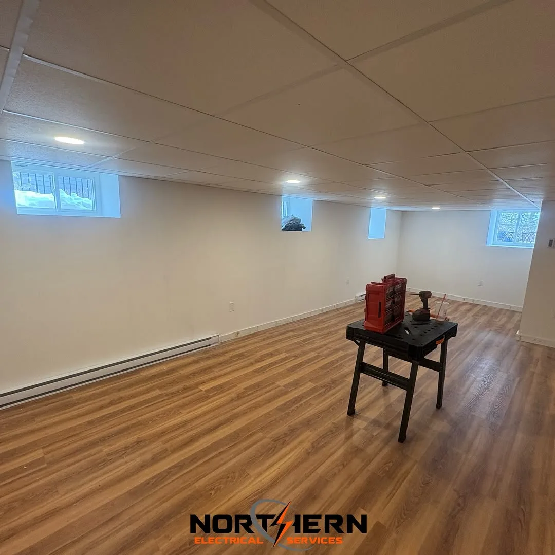 Finished basement with recessed lighting