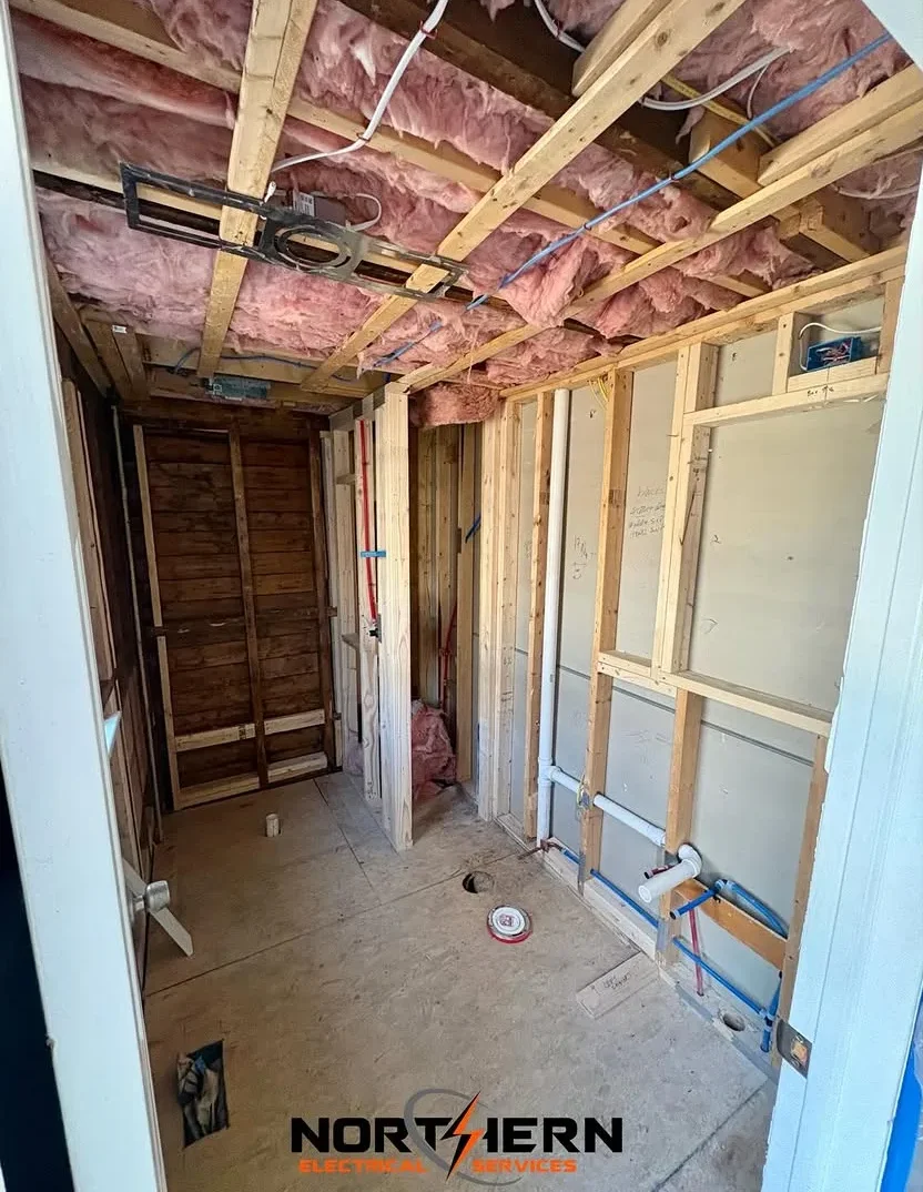 Overhead view of bathroom electrical rough-in